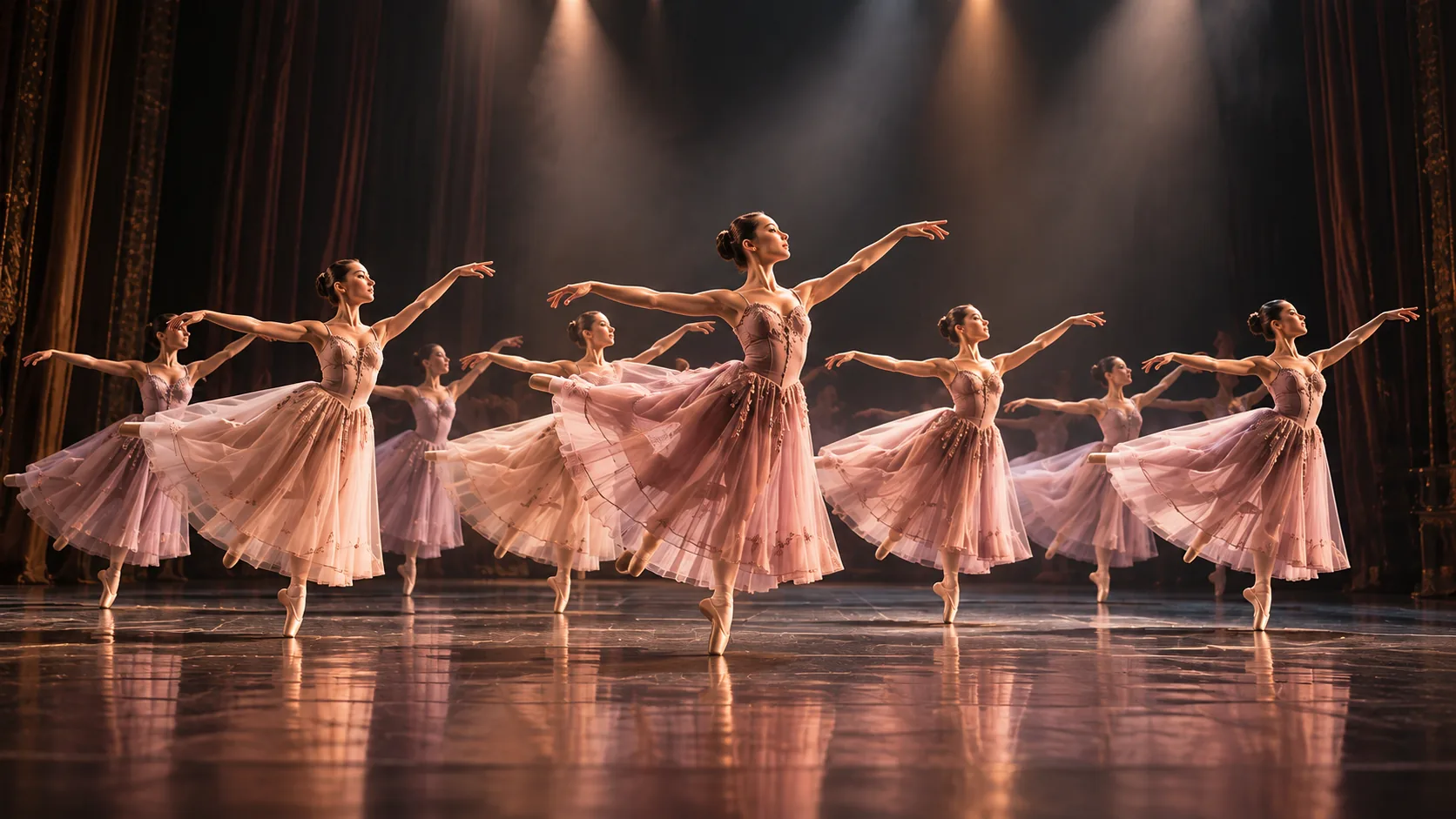 Cuerpo de baile de ballet clásico en magnífica pose sincronizada en el escenario bajo luces escénicas